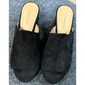 14th & Union Womens Open-Toe Mule Sandals Black Faux Suede Chunky Block Heels 5M